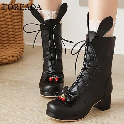 FOREADA Women Lolita Boots Platform Round Toe Thick High Heel Mid-Calf Boots Rabbit Ears Bow Lace Up Ladies Boots Autumn Black