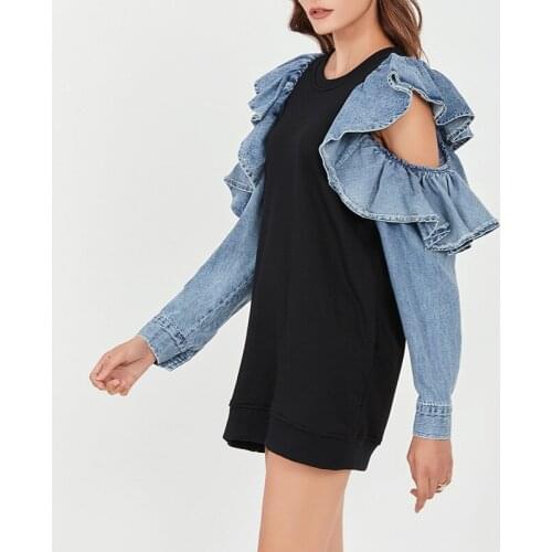 Johnature New Fashion Ruffles Sleeve Patchwork Denim Long Women Hoodies 2021 Spring Loose O-neck Female Sweatshirts