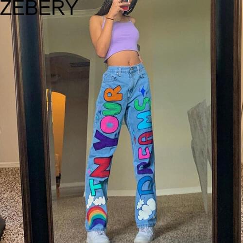 ZEBERY Letter Print Fashion Streetwear Jeans Women High Waist Baggy Vintage Straight Trousers Leisure Female Cargo Denim Pants