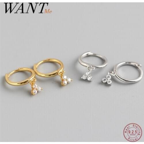 WANTME Genuine 100% 925 Sterling Silver Minimalist White Zircon Geometric Clover Stud Earrings for Women Flower Earrings Jewelry