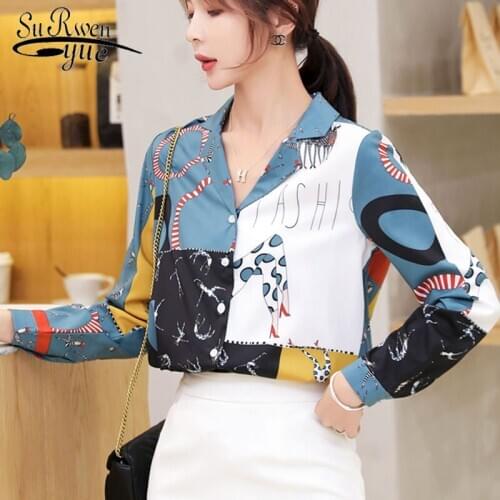 Womens tops and blouses 2021 ladies tops chiffon blouse shirts long sleeve button Office Lady blusas V-Neck printing 5995 50