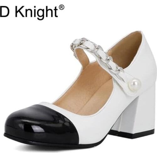 2021 New Thick-Heeled Mary Janes Square Toe Patent Leather High-Heels French Retro Pearl Womens Pumps Single Shoes Plus Size 43