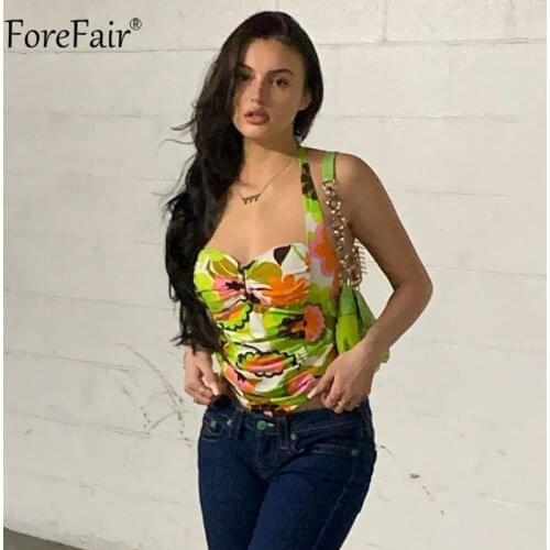 Forefair Summer Sexy Halter Y2k Crop Top Floral Printed Bandage Backless Off Shoulder Ruched Women Green Tank Top 2021 Casual