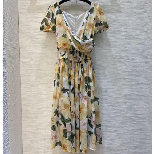 Runway 2021 Summer V-neck short sleeve floral printed Dress Womens elastic waist knee-length Dresses Vestdios y459