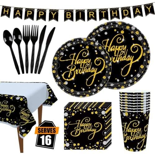 Gold Happy Birthday Party Supplies Tableware Set Plates Cup Napkin TableCloth Celebration Banner Dinnerware Decoration All Ages