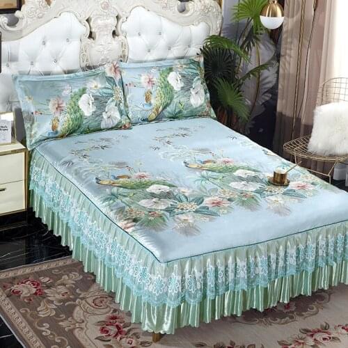 1pc Bed Skirt +2pcs Pillowcases New Arrival Summer Ice Silk Bed Skirt King Queen Size Soft and Cool Bedspread