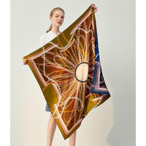 18mm Heavy Double Side Print 100% Silk Scarf Shawl Fashion Chain Printed Women Luxury Wraps Foulard 106*106cm