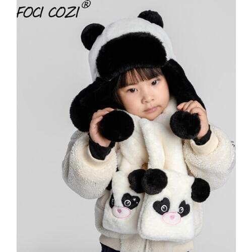 2019 new Faux Fur panda set cap scarf children animal winter hats scarf for kids scarf winter ushanka russian hat earflap girls