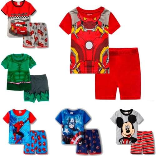 2021Style Baby Pajamas Summer Cotton Short Sleeve T Shirt Pyjamas Pijamas Set Cartoon Spiderman Children Sleepwear