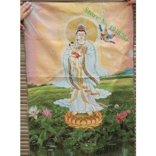 36 inch China Silk embroidery Guanyin Send Boy Stand Lotus Phoenix Thangka Painting Mural
