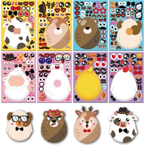8-24pcs Children Puzzle Stickers Cute Animal Facial Eggs DIY Stickers Make-a-Face Sticker Games Creative Boys Girls Kids Toy