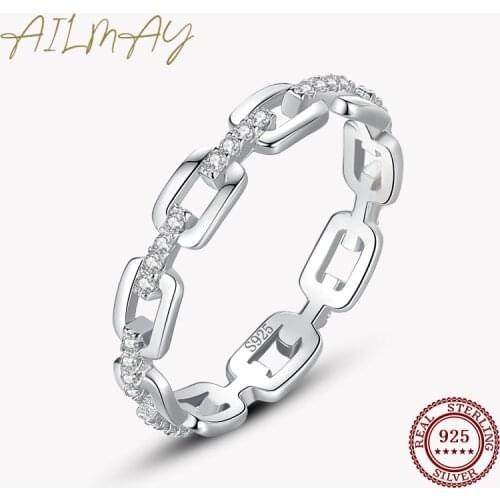Ailmay 100% 925 Sterling Silver Simple cadena hueca Stackable Charm Finger Ring For Women Girls Party Accessories Jewelry