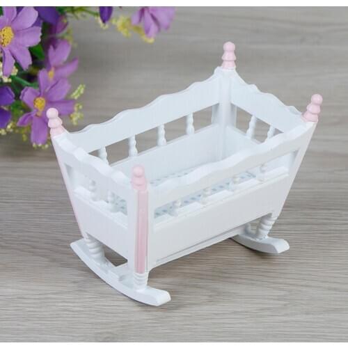 Furniture White Wooden Cardle Baby Bed Kids Toys Wooden Nursery Cradle Baby Crib 1:12 Doll House Miniature Dolls