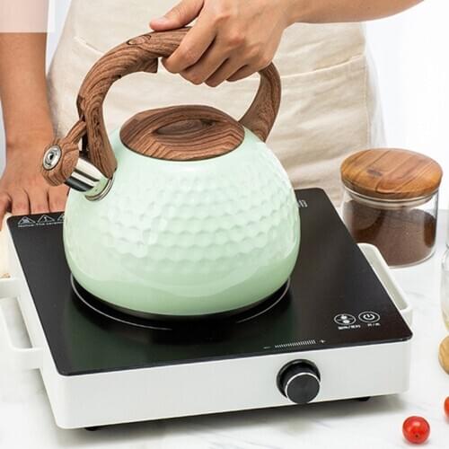 Stainless Steel Boil Water Kettle Wood Grain Handle Green Hammer Grain Whistle Pot Induction Cooker Household Kitchen Supplies