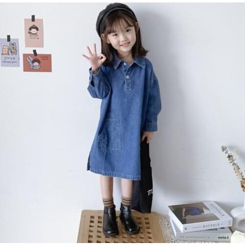 Denim Dress for Kids 2021 Spring Autumn Clothing Long Sleeve A-Line Dress Turn-Down Collar Knee-Length Girls Jeans Dress