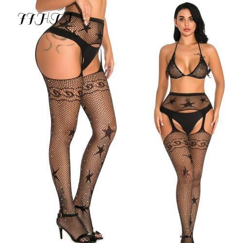 Tight With Rhinestones Sexy Suspenders High Waist Transparent Stockings Plus Size Lingerie Garter Fishnet Pantyhose Open Crotch