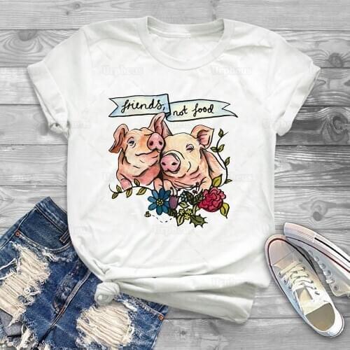 Friends Not Food Pig Tshirt Vegan Be Kind Vegetarian Plant Cute Tshirt Top Tees Vintage Styles 100% Cotton