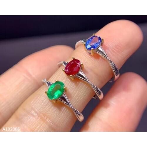 Boutique jewelry 925 sterling silver inlaid natural emerald ruby sapphire girl ring mini fashion color deep support detection