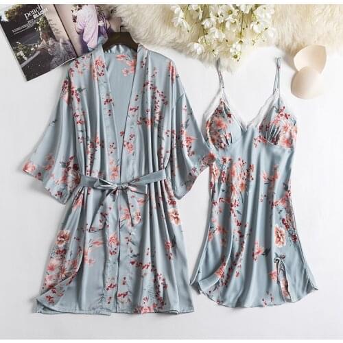 Sleepwear Satin 2PCS Robe Set Women Kimono Bathrobe Gown Nighty Sleep Suit Sexy Nightgown Lounge Wear Print Intimate Lingerie