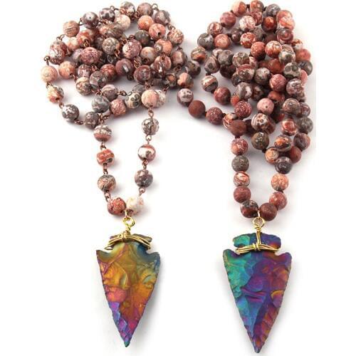 Fashion Frosted Crystal knotted 8mm Multicolor Natural Stone Arrowhead Pendant Necklaces Women Lariat Necklaces