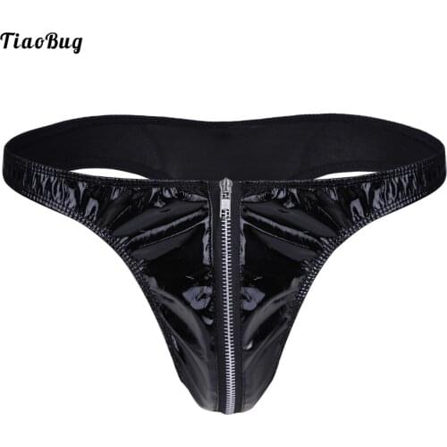 TiaoBug Men Lingerie Patent Leather Briefs Bikini Underwear Underpants With Front Zipper Clubwear
