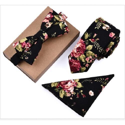 HOOYI Neck tie Set Men Cotton Slim Tie Bowtie Flower Pocket Handkerchief