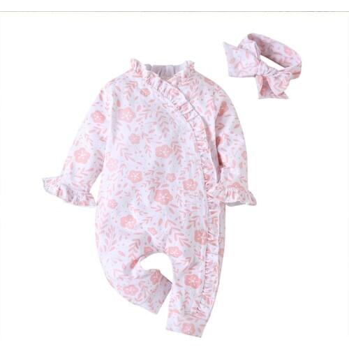 New 2021 fashion Newborn baby girl clothes flower Long Baby Romper Jumpsuit+Headband 2pcs/suit Outfits Infant clothing set 30