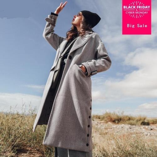 Autumn and winter new fashion brand Thicker Woolen Jacket Female striped fabric longer thicker warm wool coat wj2891 dropship