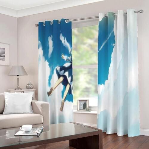 Custom Anime Manga Art Painting photo Large Window Curtains For Girls room bedroom Blue Sky Full Blackout Drapes Sets