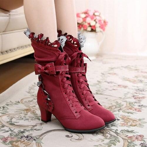High Heel 6cm Lolita Boot Daily Winter Dark Gothic Gorgeous Suede Large Size 33-42 Sweet Bow Handmade Tea Party Loli Short Boots