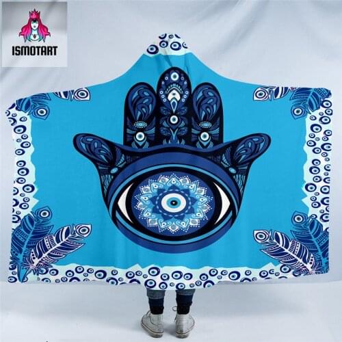 Evil Eye Hamsa by Ismot Esha Hooded Blanket Mandala Blanket Hand Blue Microfiber Wearable Blanket Hoodie Peacock Feather Bedding