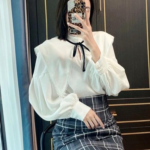 Chic Detachable Sailor Collar Bow Tie Chiffon Blouse Lace Up Fall Elegant Tops Women 2021 Solid All Match Autumn Shirts Femme