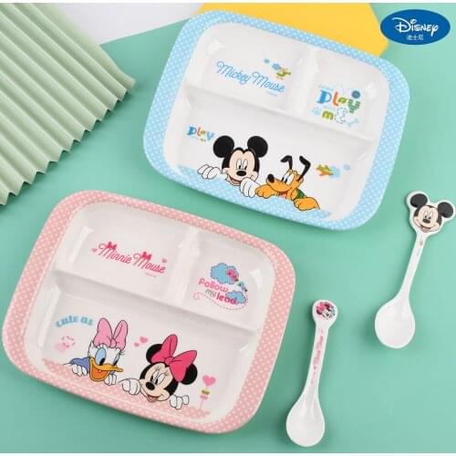 Disney Minnie Cutlery Cartoon Baby Dinner Plate Bowl Grid Plate Anti-fall Anti-scalding Pure Melamine Mickey Plate
