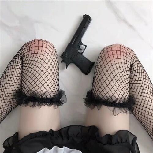 Usexy Lolita Lace Socks Sexy Lingerie Fishnet Stockings Garter Black Knee Thigh High Stockings Fish Net Kawaii Gothic Clothes