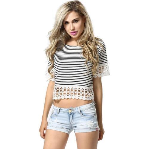Spring and summer Explosion Paragraph hollow lace Striped short Collar short Sleeve Fashion Casual Tops T-shirt