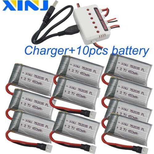 XINJ 10pcs+charger 3.7V 450mAh 25C Rechargeable Lithium-Polymer Li-po battery 752035 for DFD F182 F183 H8C RC Quadcopter Drone