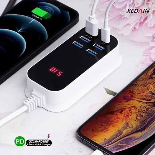 6 Ports PD Phone USB Charger Quick Charge QC3.0 EU Plug Mobile Phone Universal Adapter For iPhone iPad Xiaomi Samsung Charging