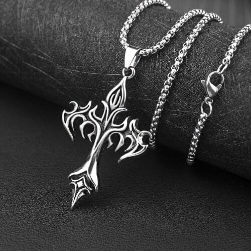 Punk Flame Cross Pendant Chain Necklace for Men Female Hip Hop Rock Gothic Style Gift Accessries