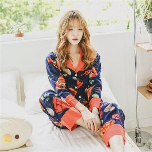 Ocean Cotton Womenspajamas Pizza Lobster Kawaii Blue Trouser Suits Butterfly Print 2Pcs Women Sets Sleepwear Home Clothes
