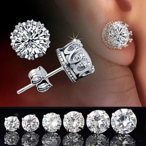 Crown 8MM Cubic Zircon Stud Earrings For Women Men Gift