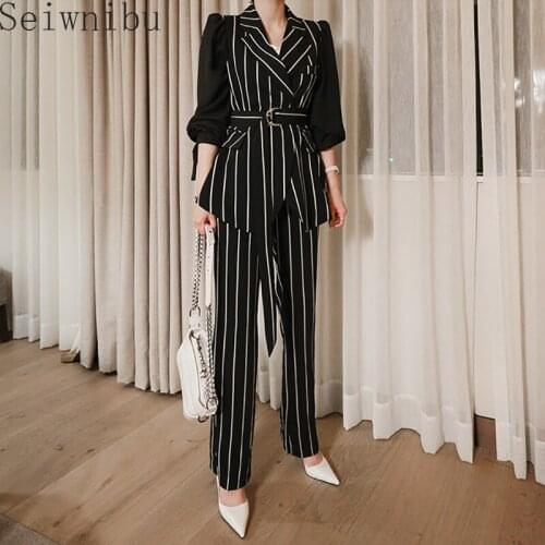 Seiwnibu Women Autumn Korean Style OL Striped Suit Pants Black 2 Pieces Work Chiffon Stitching Bowknot Belted Pants