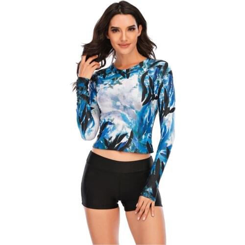 Long Sleeve Rash Guard Women Pleated Two Piece Swimsuit Swimwear High Waist Tankini UV Protect Surfing Suit Pad Diving