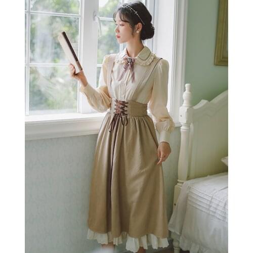 Japan Mori Girl Style Women Outfits Modern Vintage 2 piece Sets Sweet Peter Pan Collar Bow Shirt Tops & Bandage Lace Skirt