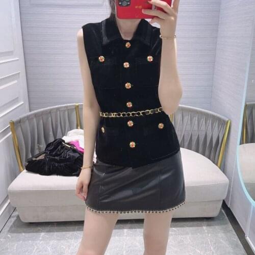Brand Black Velvet Luxury Vest Women 2021 Autumn Fashion Label Vintage Turn-down Collar Button Four Pocket Slim Sleeveless Coats