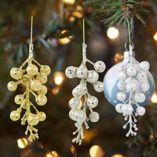 3pcs/Pack Glitter Sequin Artificial Cherry Berries Gold/Silver Stamen Garlands Handmade Craft Home Wedding Christmas Decoration