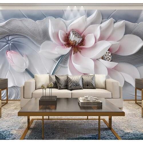 Custom 3D Wall Murals Wallpaper Lotus Relief Living Room Sofa TV Background Wall Decor Painting Wallpaper Flower Papel De Parede