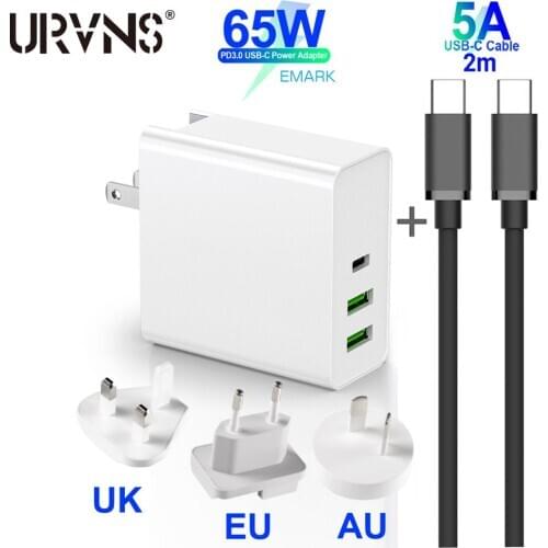 URVNS 65W TYPE-C USB C Power Adapter, 1port PD Travel Charger For Laptops MacBook Pro/Air iPad Pro, 2port USB for Samsung iPhone