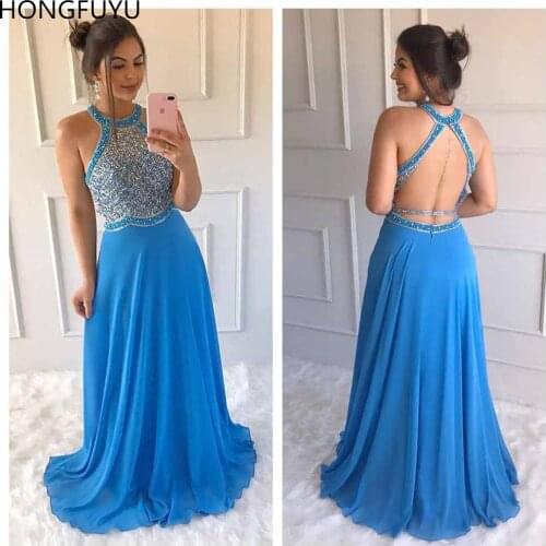 HONGFUYU Blue Chiffon Prom Dresses Long A-line Open Back Evening Gowns with Crystals Vestidos de Festa Largos Elegantes de Gala