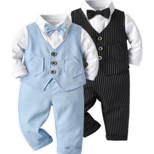 3pcs Boys Suits Baby Striped Shirt Vest Trousers Formal Blazer British Gentleman Cardigan Weddings Clothes Set Kids Dress Jacket