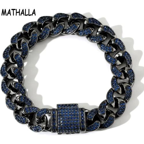 MATHALLA Hip Hop 12mm Miami Buckle Cuban Chain Necklace Micro-inlaid Blue Cubic Zircon Black Hip Hop Jewelry Mens Gift